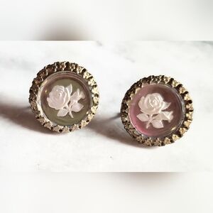 Vintage Haskell Reverse Etched Glass Cameo Rose Flower Earrings Gold Brass